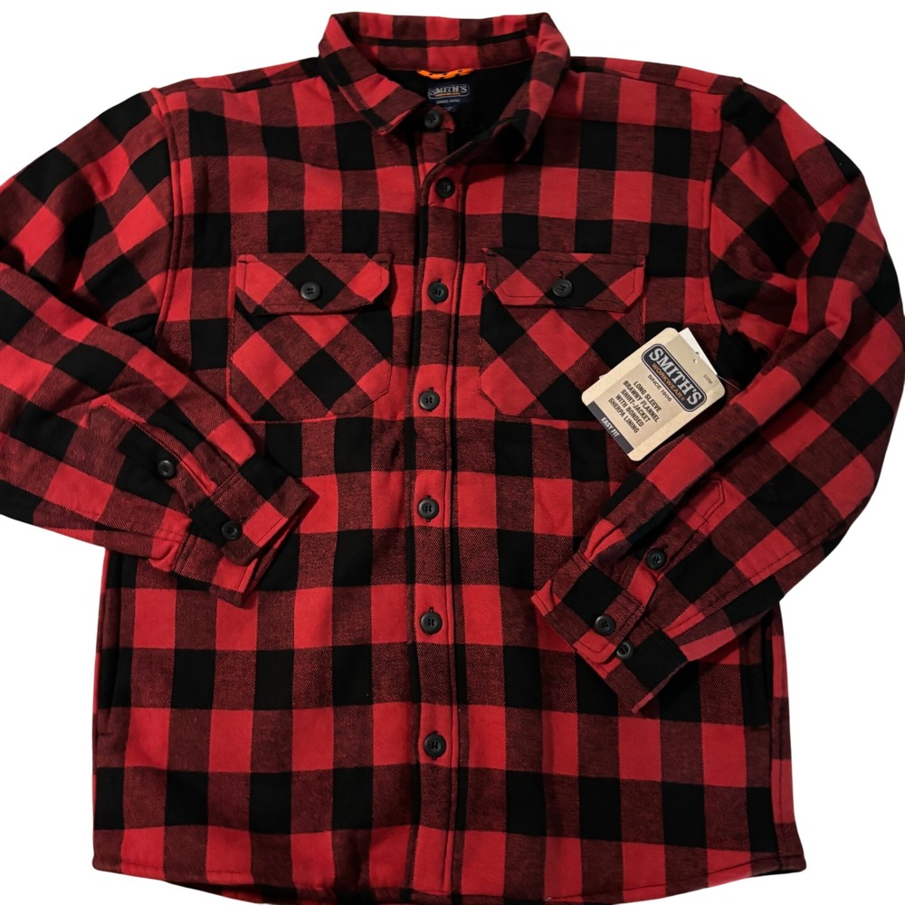 Smiths Workwear Mens Red Black Buffalo Plaid Sherpa Lined Flannel Shacket L 3298